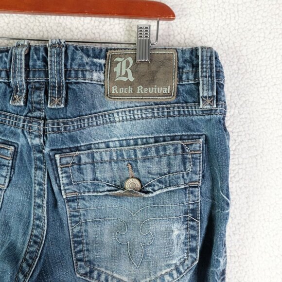 Rock Revival Jeans Mens 33X32 Blue Layne Relaxed Straight Stone Wash Distressed - Picture 5 of 14